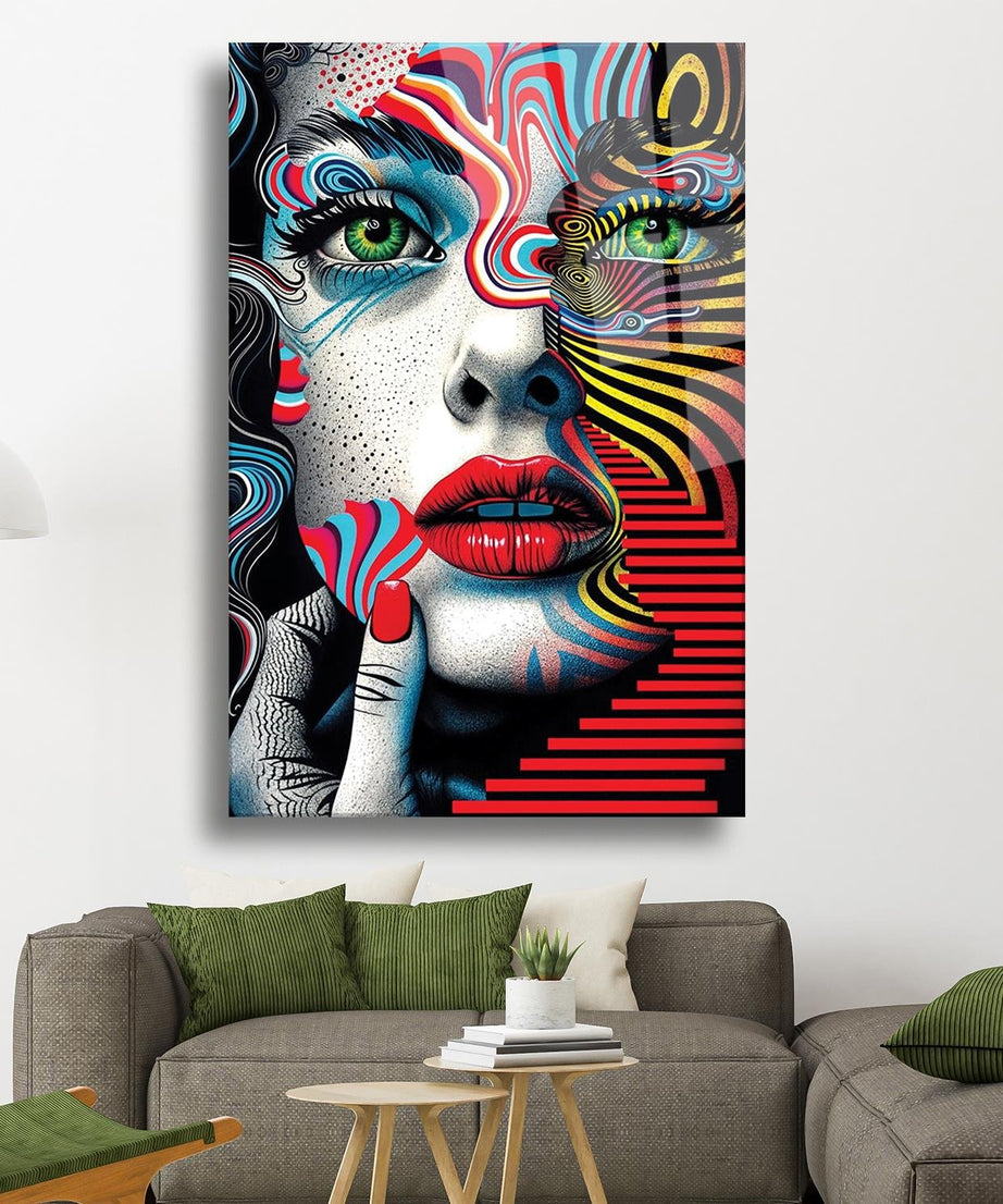 Modern Sanat Kadın Portresi Sürrealist Cam Tablo