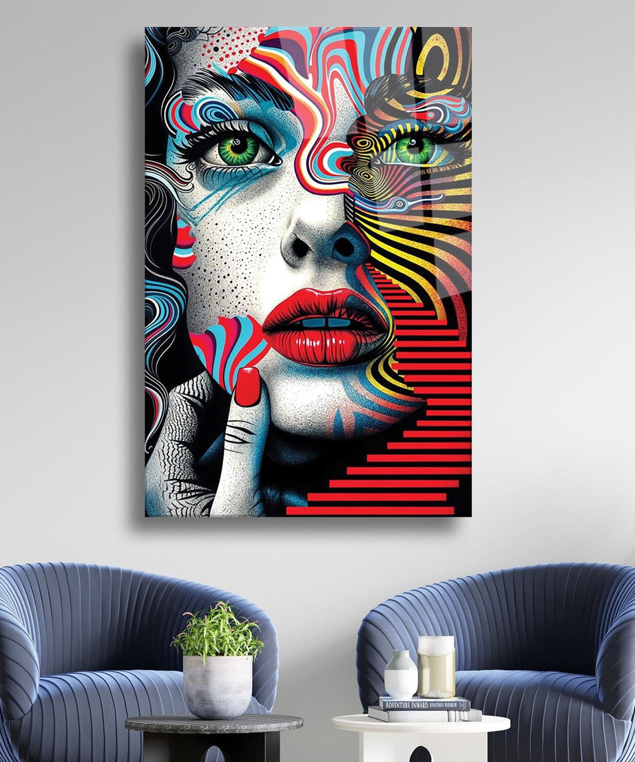 Modern Sanat Kadın Portresi Sürrealist Cam Tablo