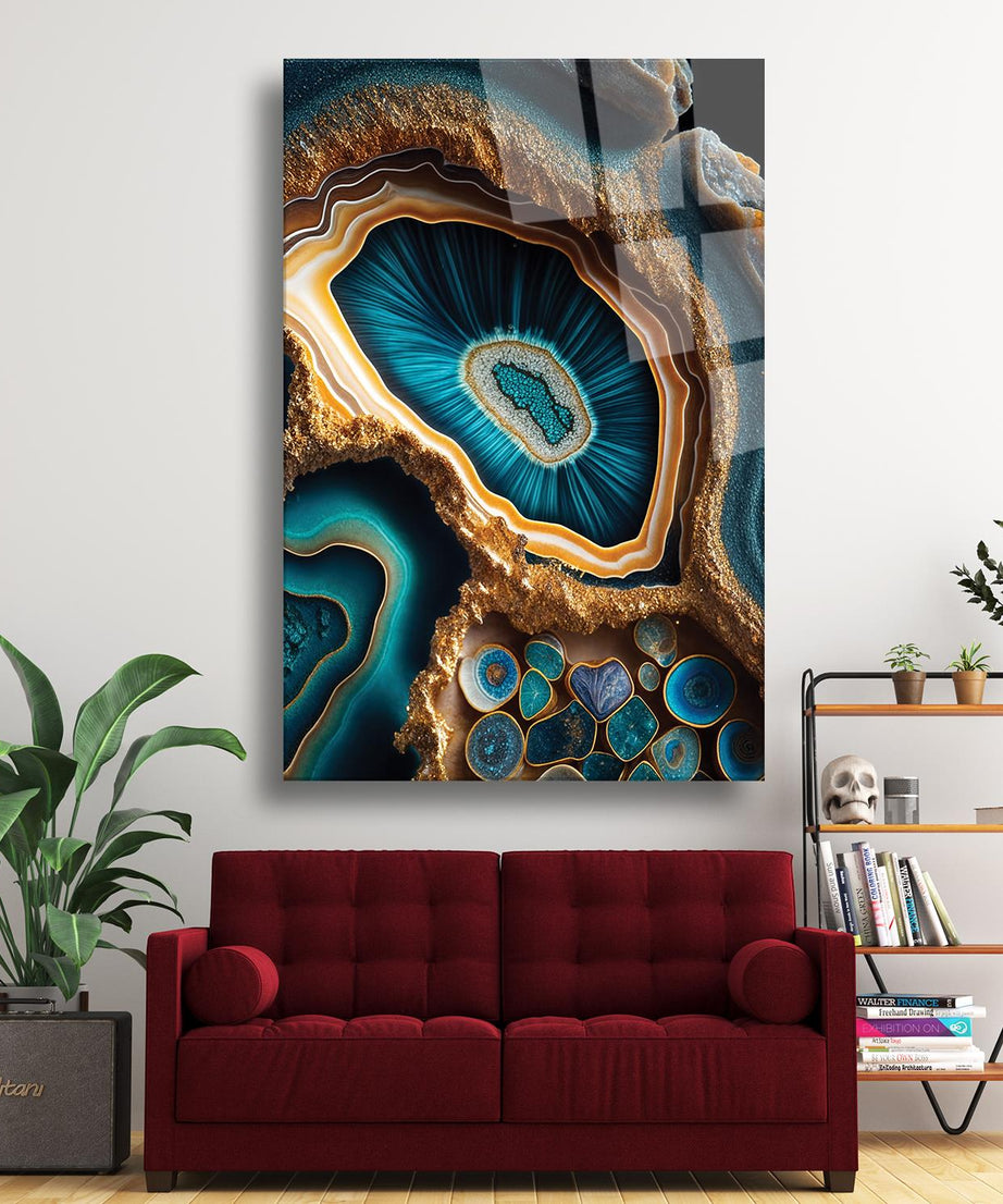 Modern Sanat Mavi Sarı Deniz Kabugu Dayanıklı Cam Tablo