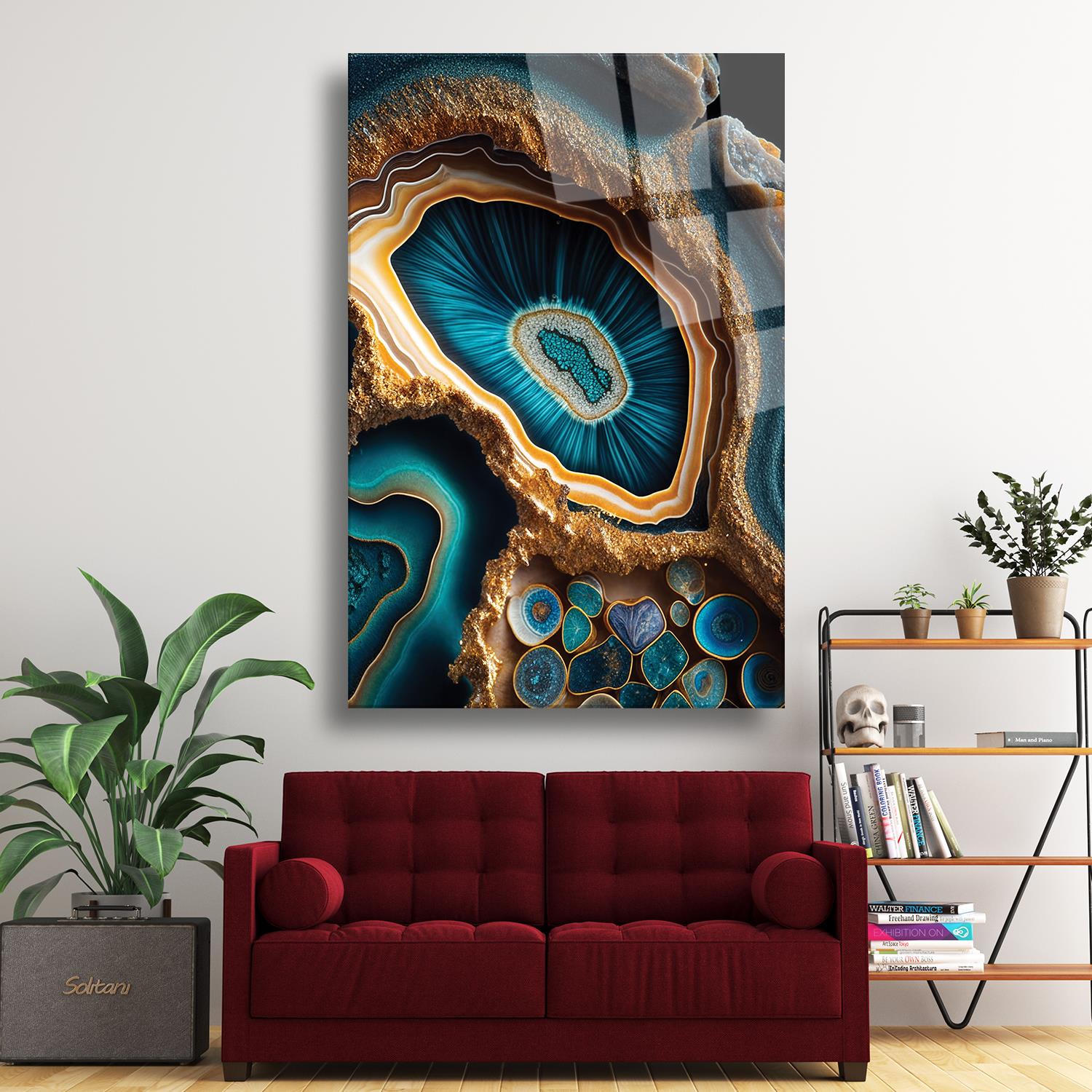 Modern Sanat Mavi Sarı Deniz Kabugu Dayanıklı Cam Tablo