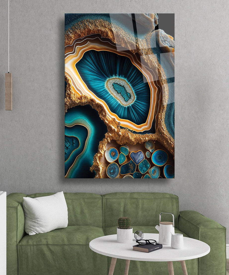 Modern Sanat Mavi Sarı Deniz Kabugu Dayanıklı Cam Tablo