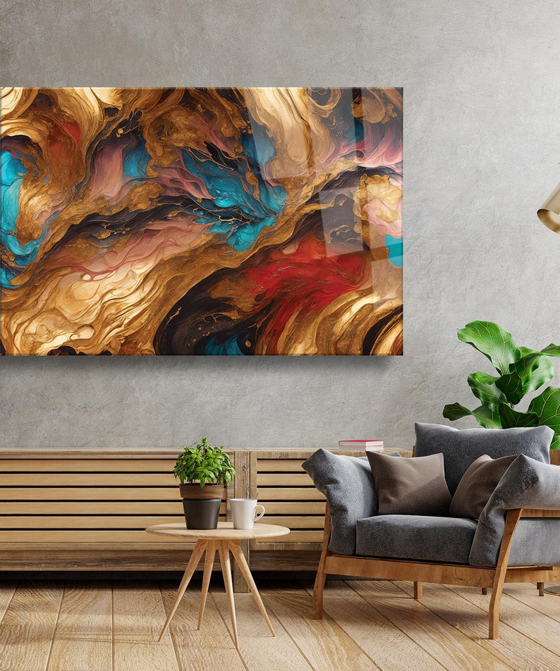 Modern Sanatsal Ahşap Ve Turkuaz Temalı Cam Tablo