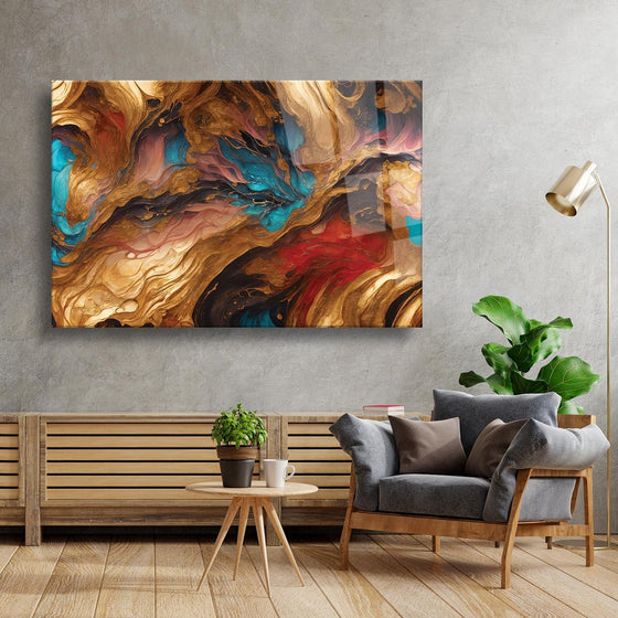 Modern Sanatsal Ahşap Ve Turkuaz Temalı Cam Tablo