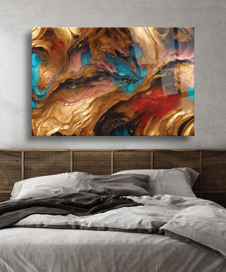 Modern Sanatsal Ahşap Ve Turkuaz Temalı Cam Tablo