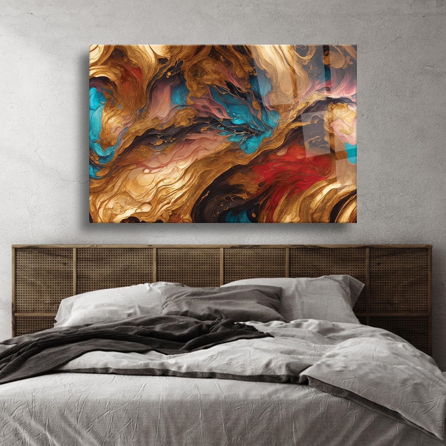 Modern Sanatsal Ahşap Ve Turkuaz Temalı Cam Tablo