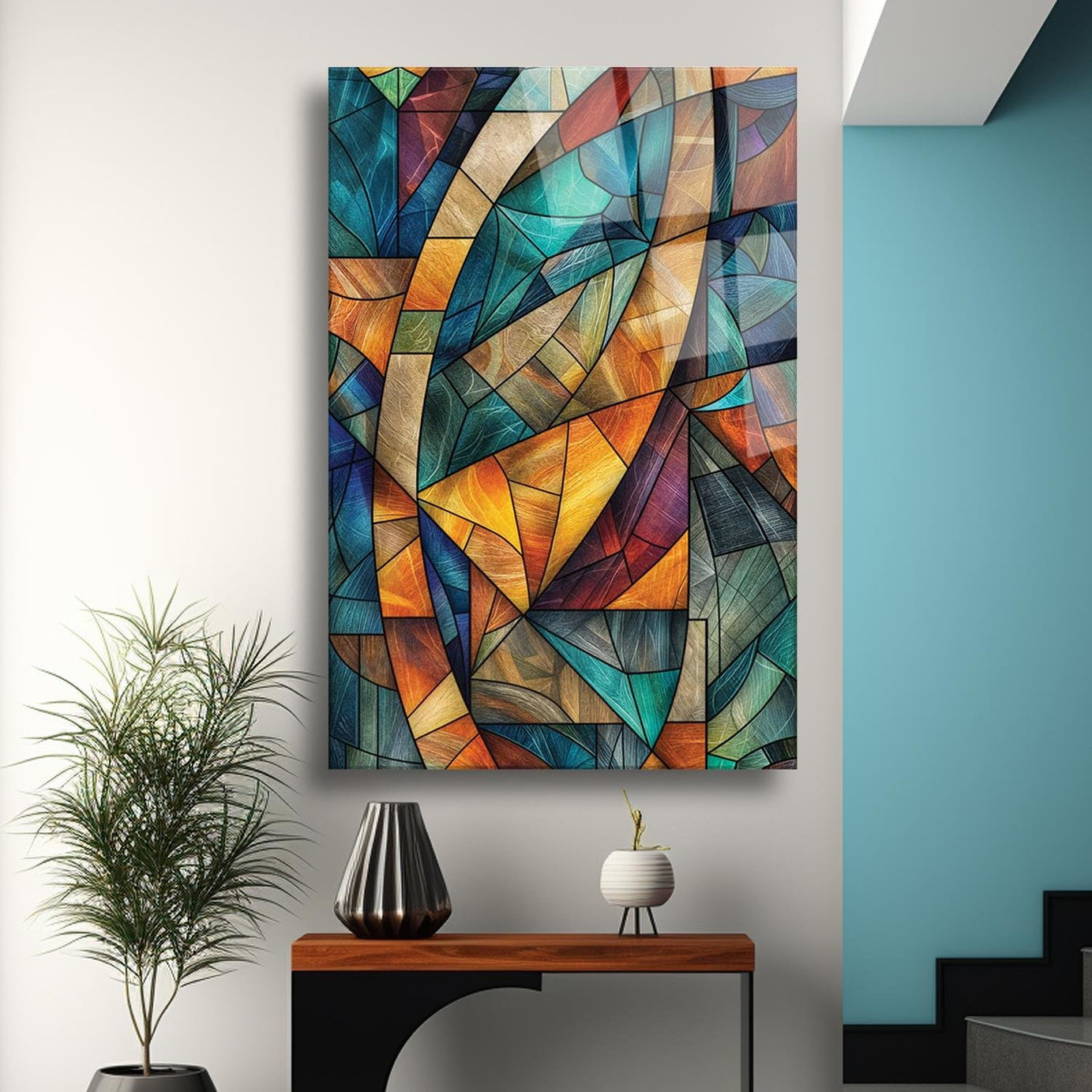 Modern Sanatsal Geometrik Renklerin Uyumu Temalı Cam Tablo