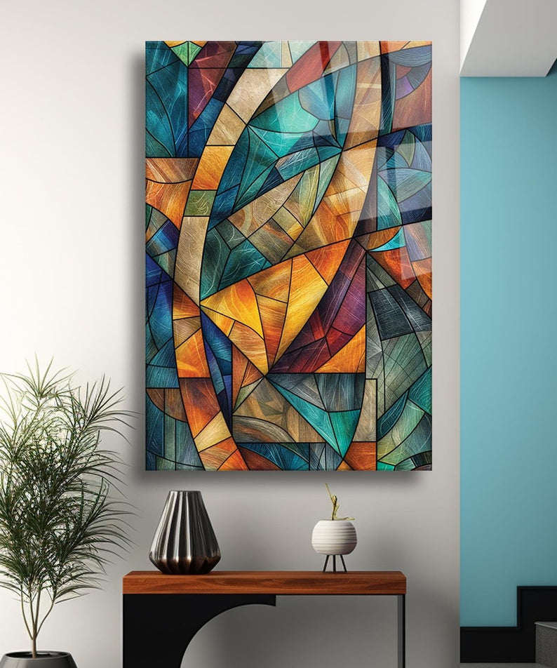 Modern Sanatsal Geometrik Renklerin Uyumu Temalı Cam Tablo