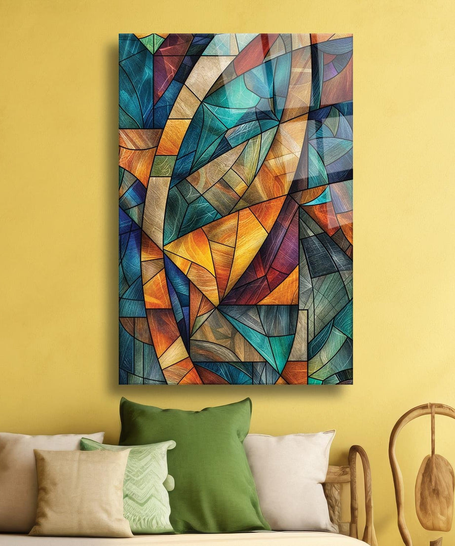 Modern Sanatsal Geometrik Renklerin Uyumu Temalı Cam Tablo