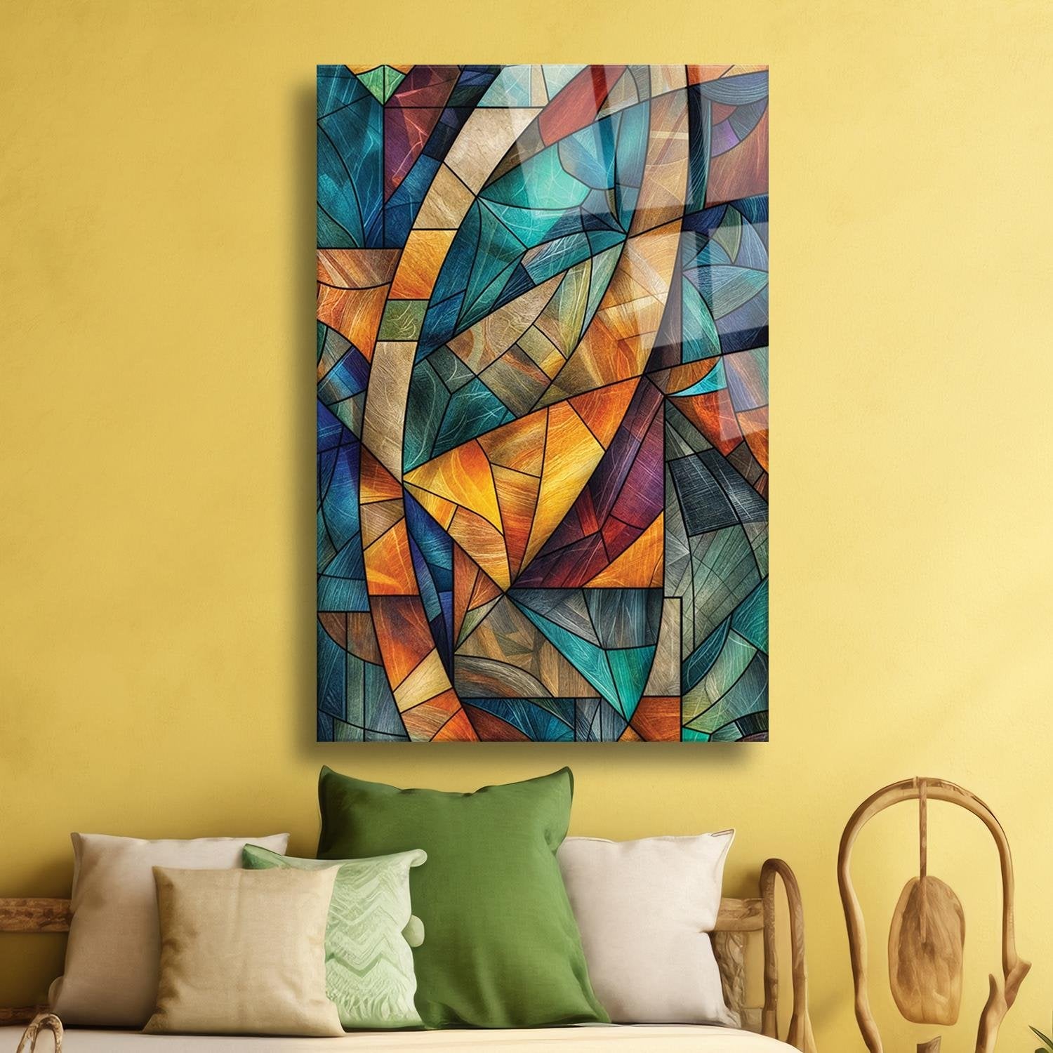 Modern Sanatsal Geometrik Renklerin Uyumu Temalı Cam Tablo
