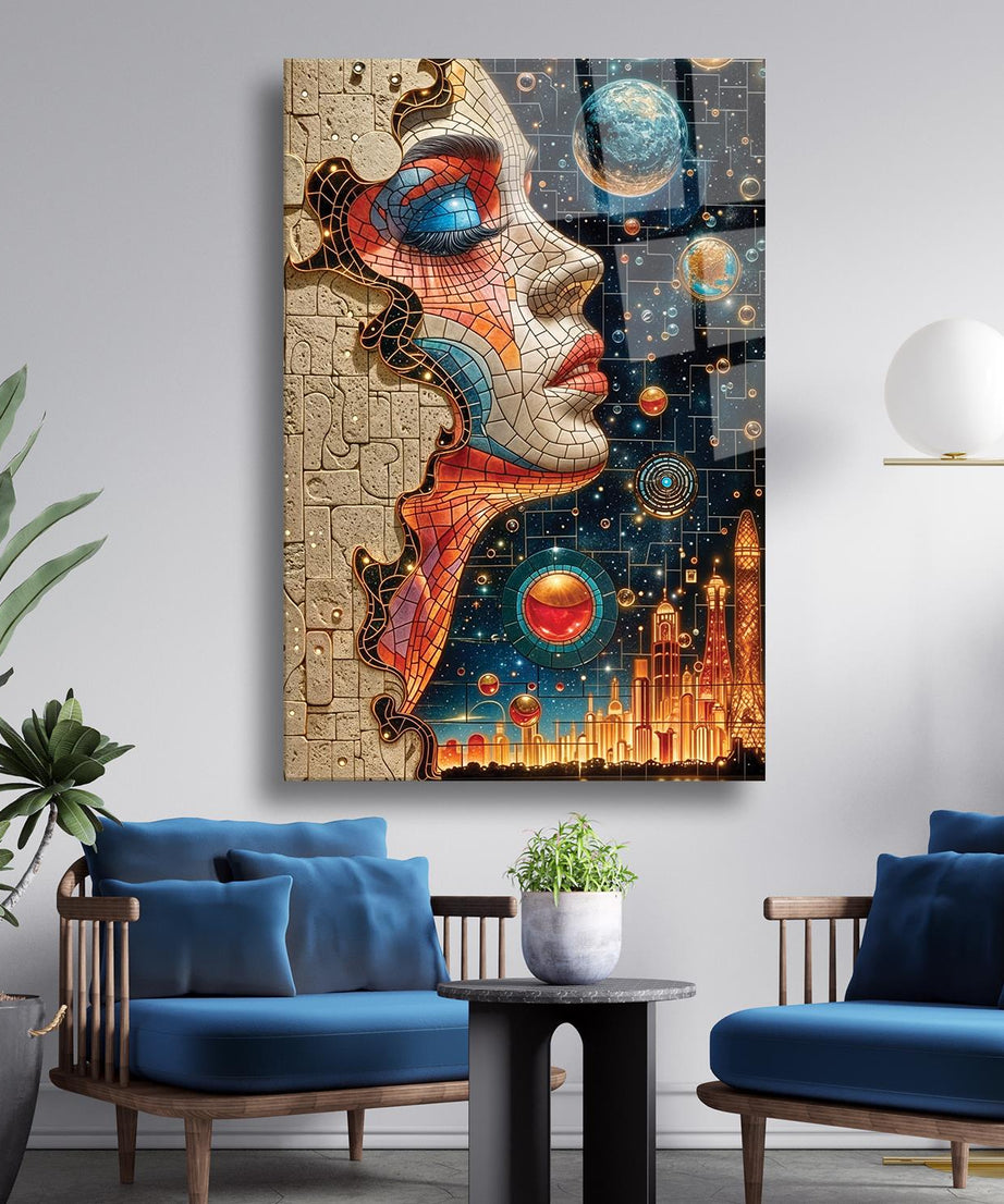 Mozaik Desenli Yan Kadın Portresi Dayanıklı Cam Tablo