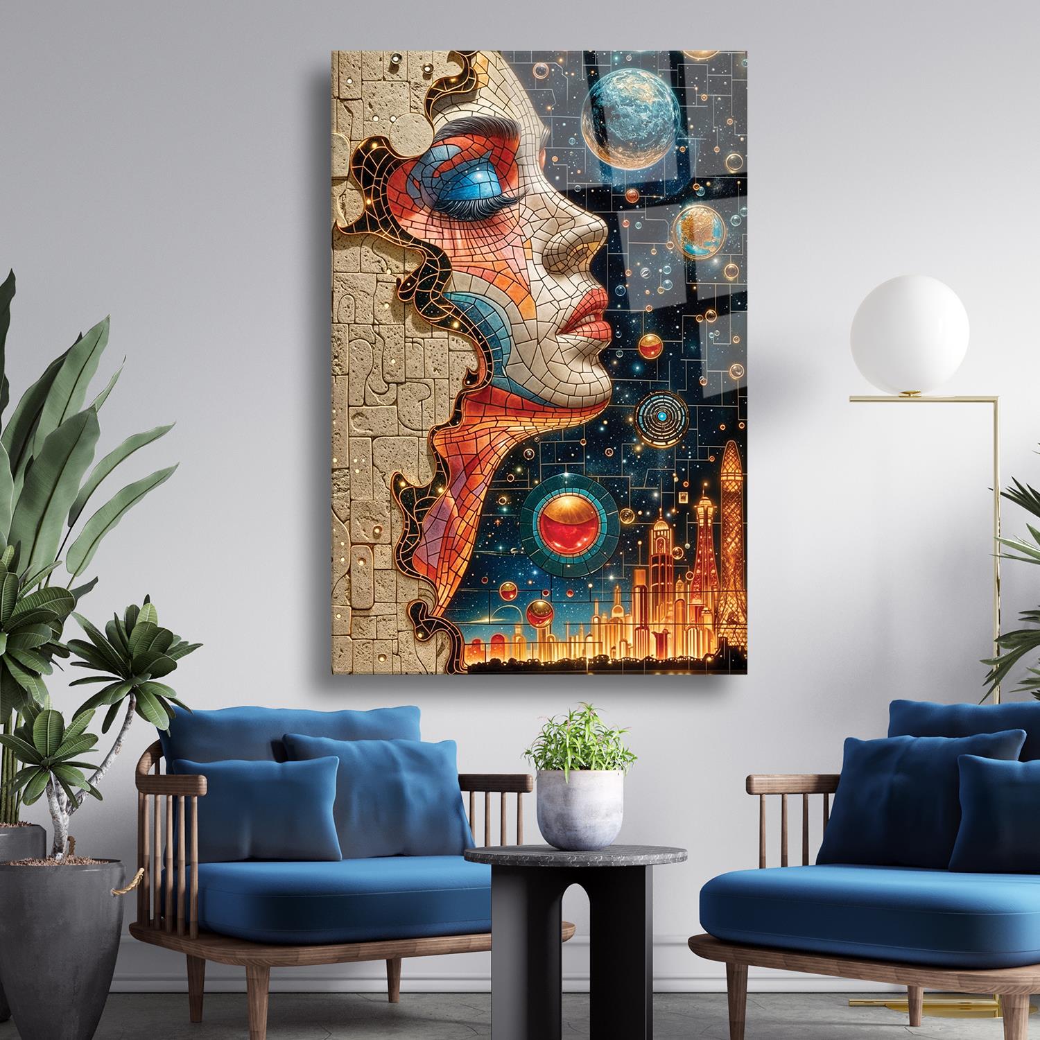 Mozaik Desenli Yan Kadın Portresi Dayanıklı Cam Tablo