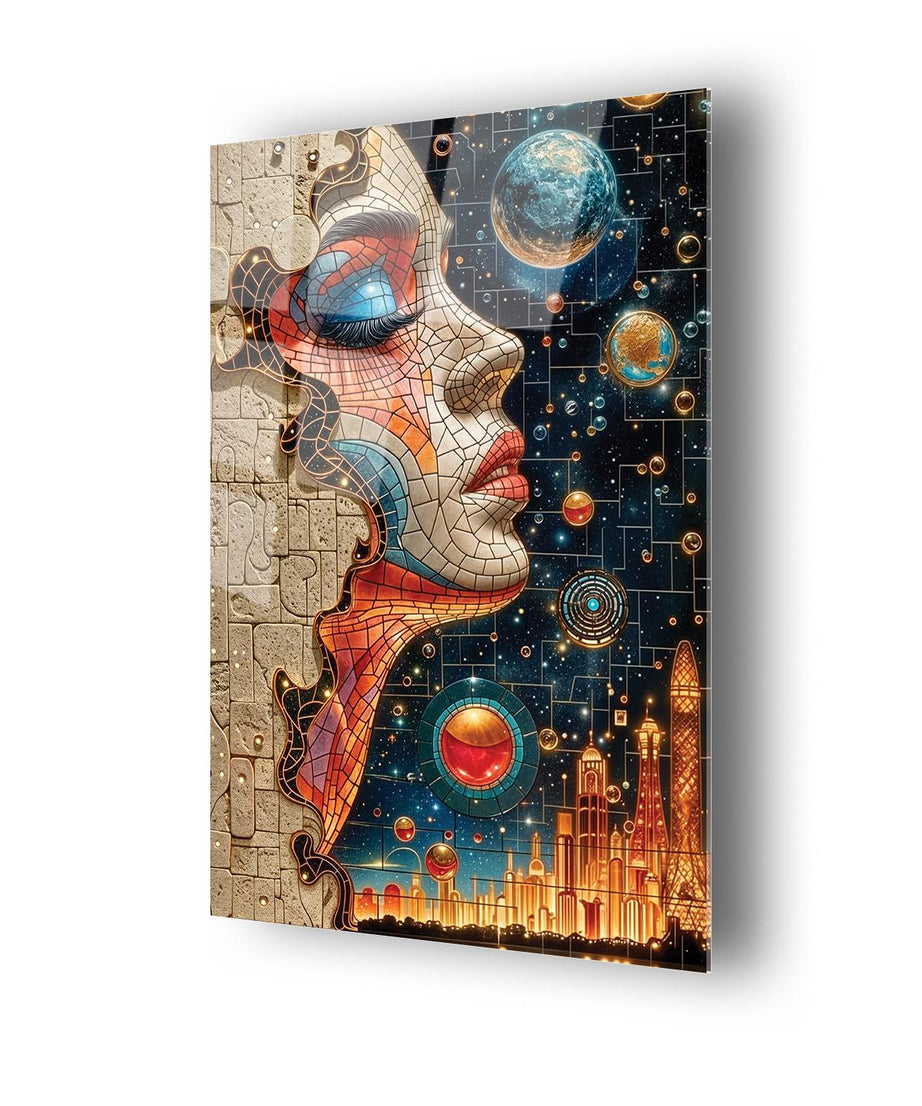 Mozaik Desenli Yan Kadın Portresi Dayanıklı Cam Tablo