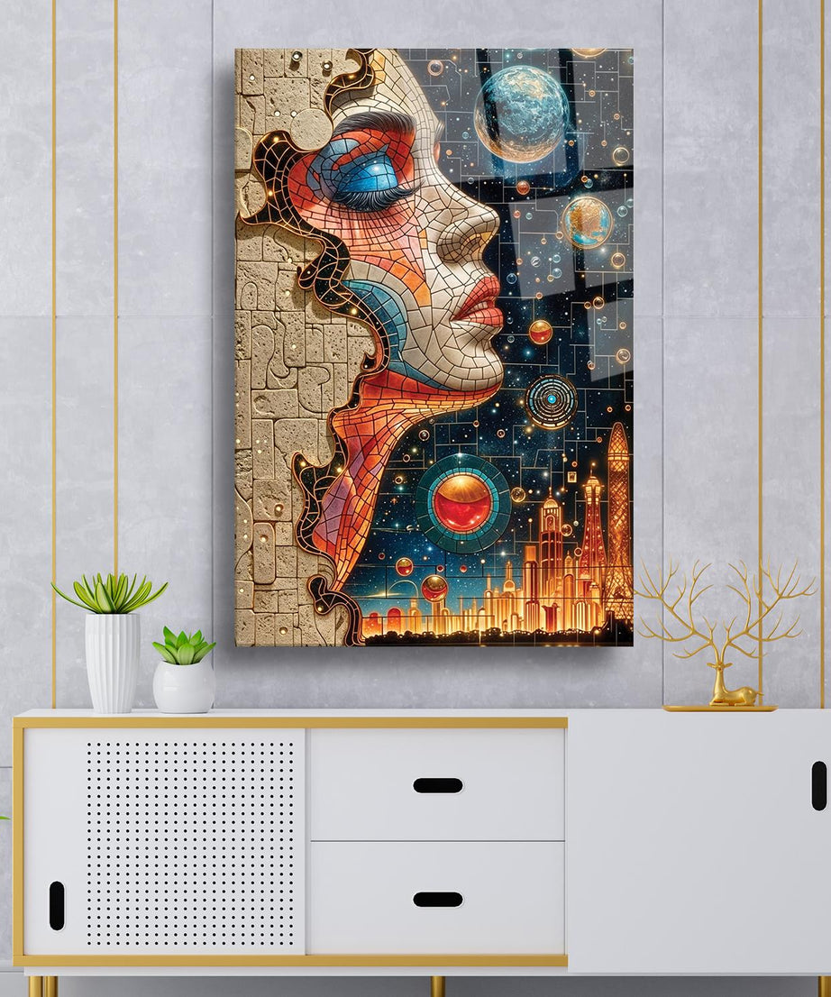 Mozaik Desenli Yan Kadın Portresi Dayanıklı Cam Tablo