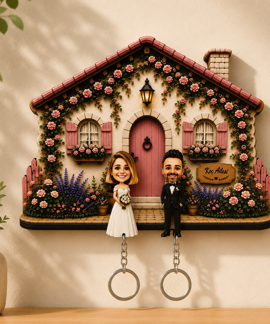 Kişiye Özel Ahşap Ev Anahtarlık Askılığı | NC-003 Rose Cottage | Çiftlere Özel