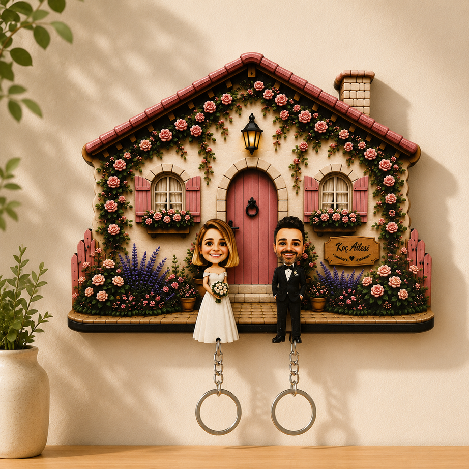 Kişiye Özel Ahşap Ev Anahtarlık Askılığı | NC-003 Rose Cottage | Çiftlere Özel