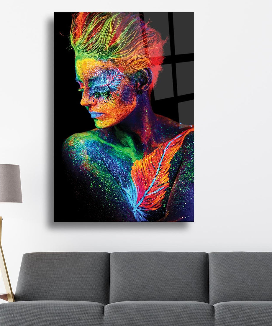 Neon Kadın Siyah Arka Plan Temalı Cam Tablo
