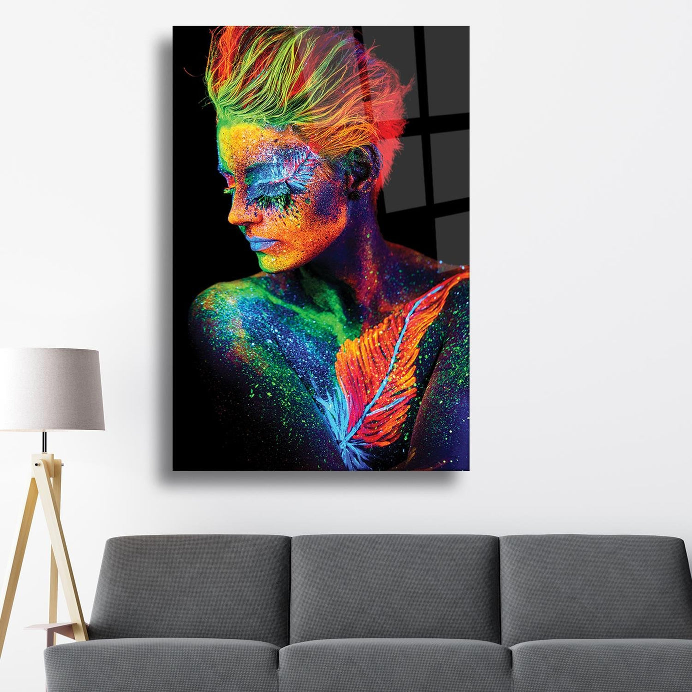 Neon Kadın Siyah Arka Plan Temalı Cam Tablo