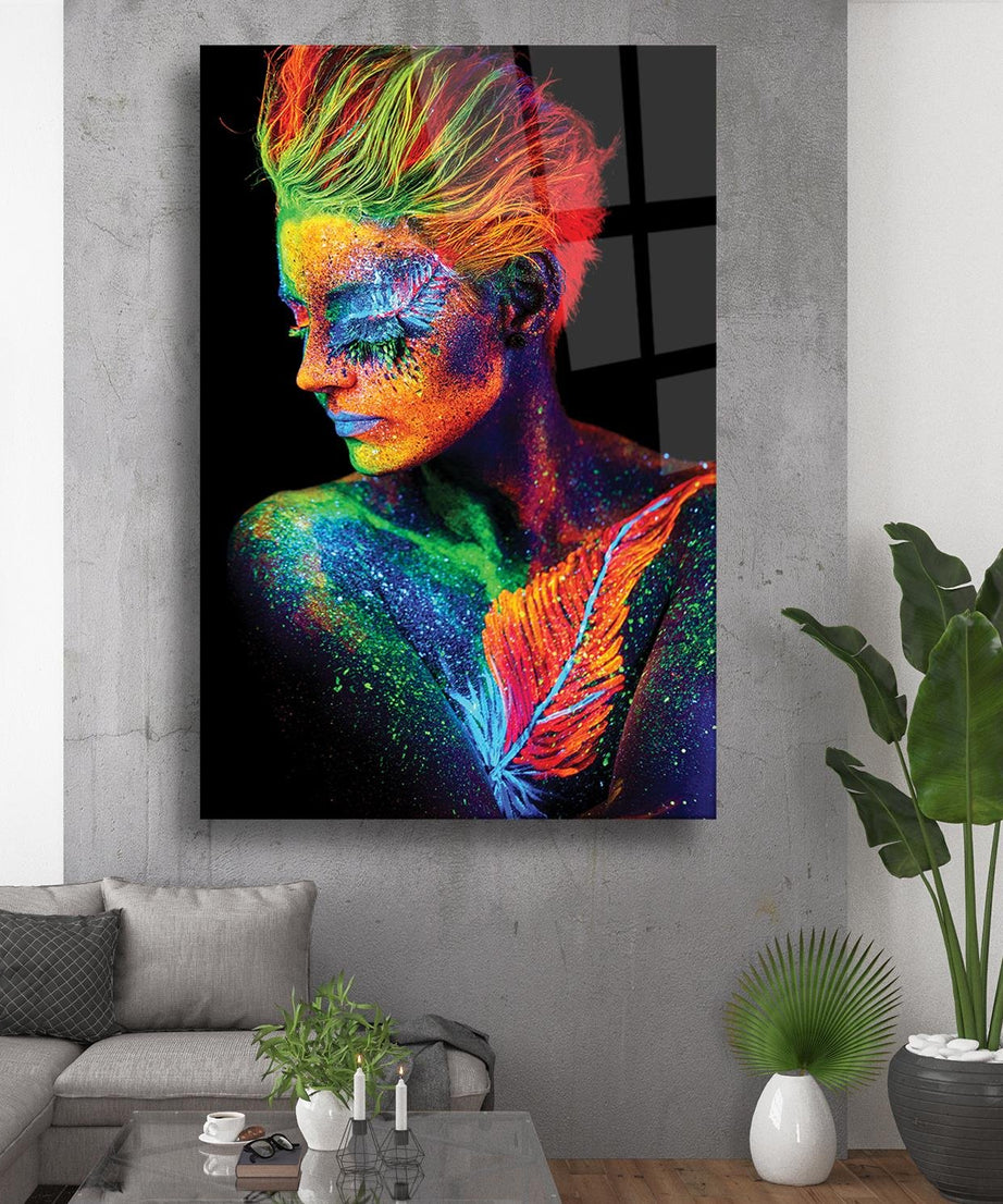 Neon Kadın Siyah Arka Plan Temalı Cam Tablo