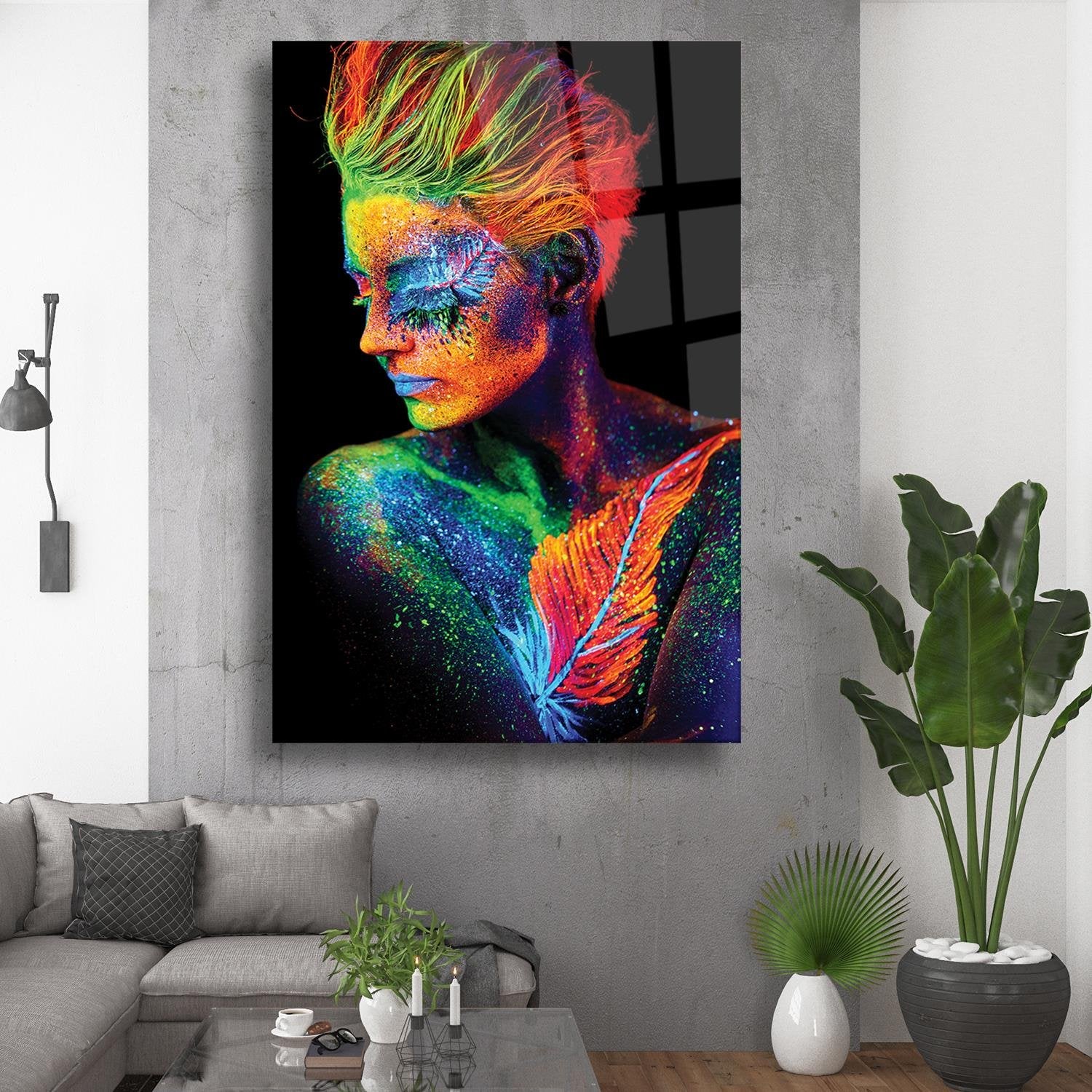 Neon Kadın Siyah Arka Plan Temalı Cam Tablo