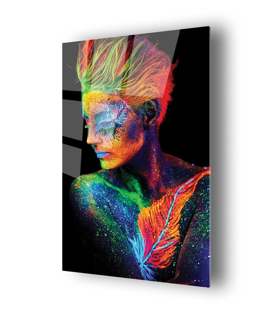 Neon Kadın Siyah Arka Plan Temalı Cam Tablo