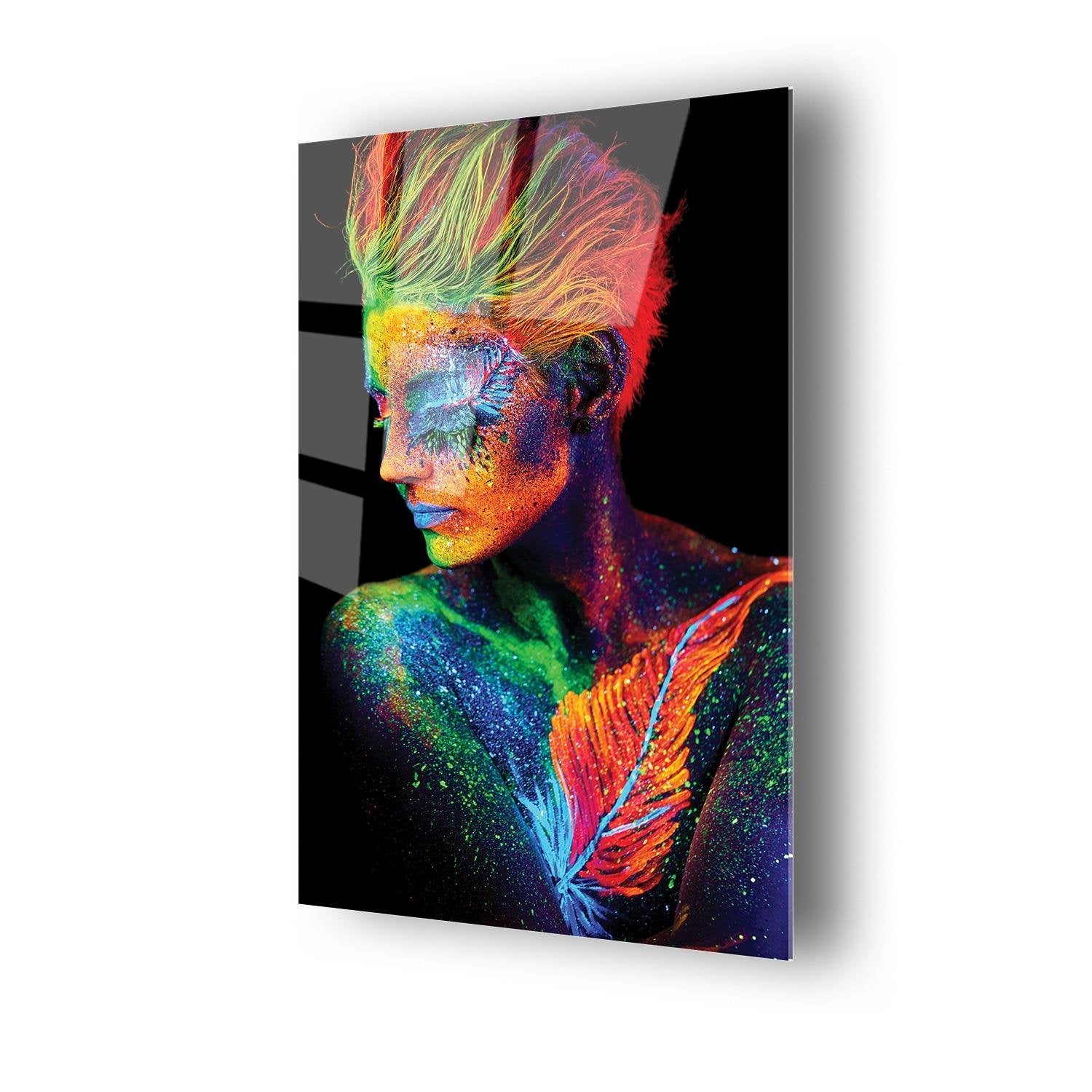 Neon Kadın Siyah Arka Plan Temalı Cam Tablo