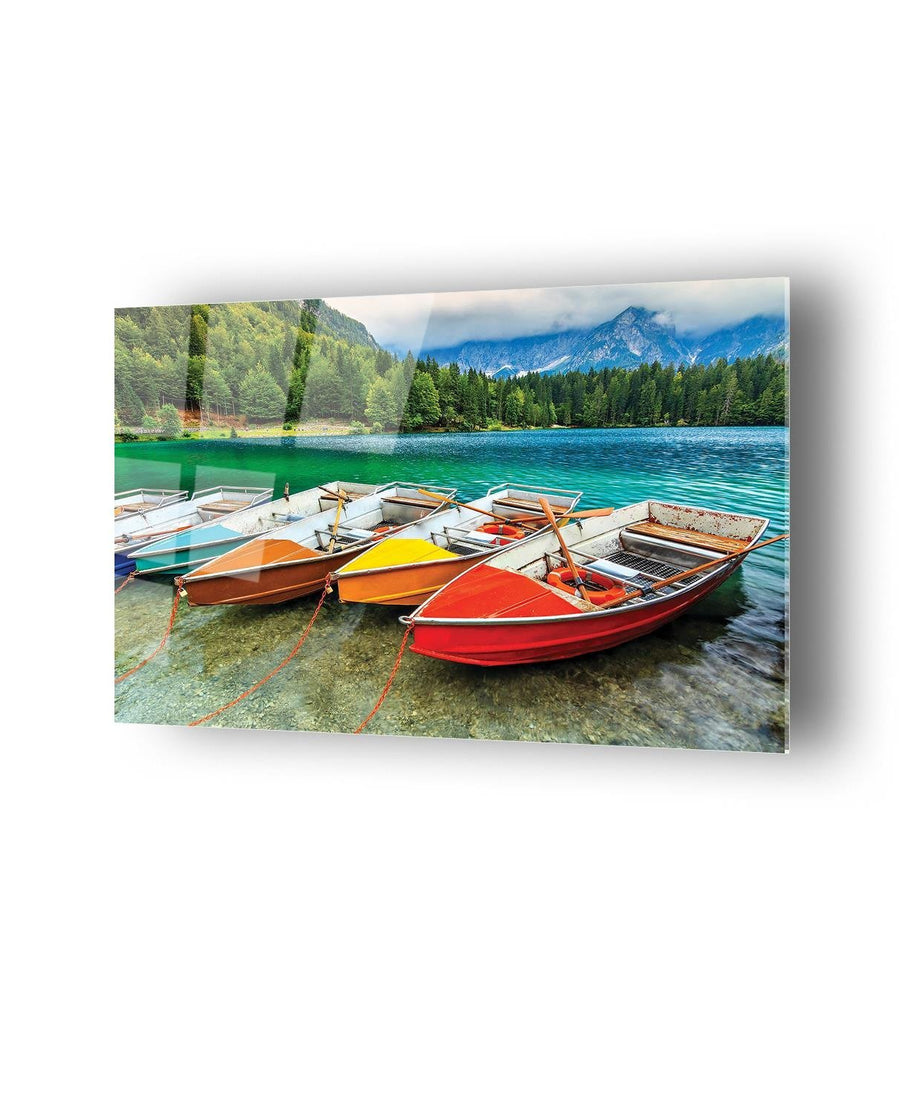 Renkli Kayık Ve Manzara Temalı Cam Tablo