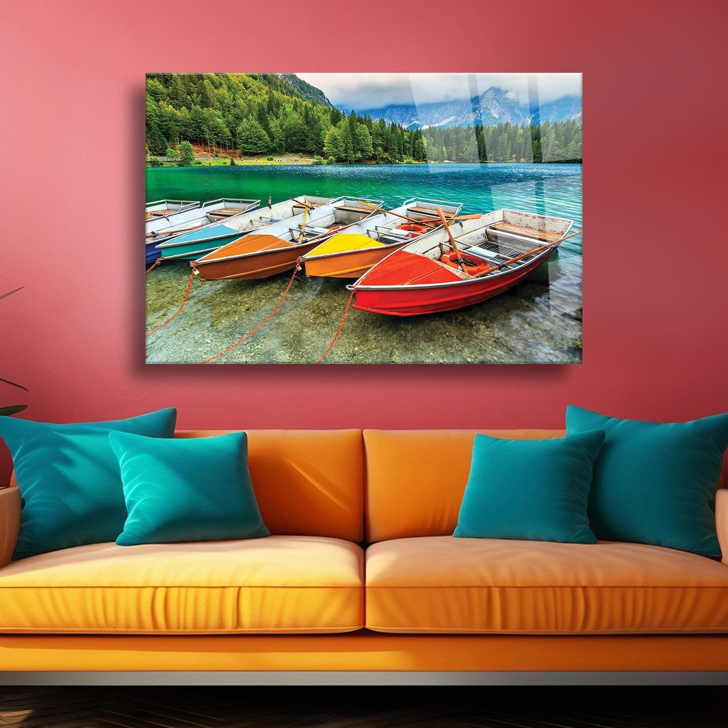 Renkli Kayık Ve Manzara Temalı Cam Tablo