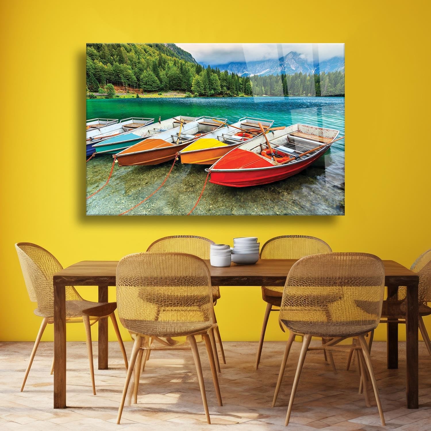 Renkli Kayık Ve Manzara Temalı Cam Tablo