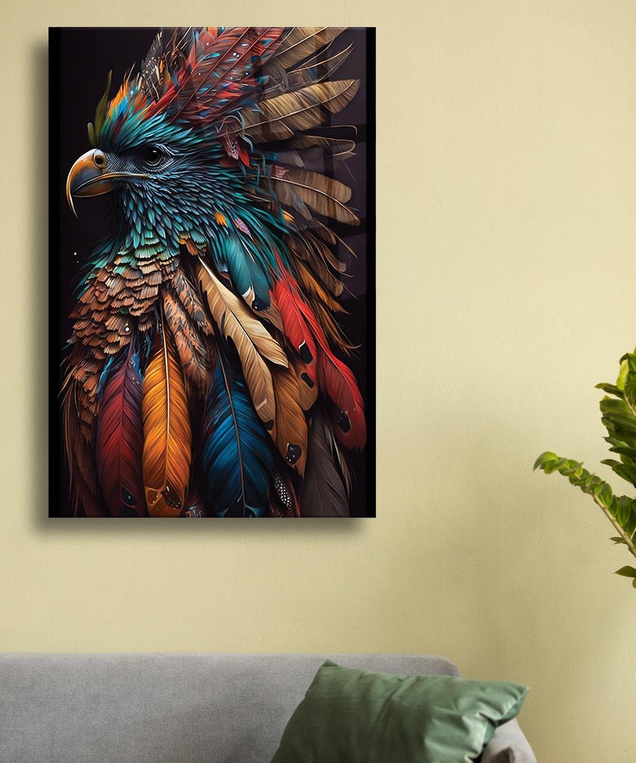 Renkli Tüylere Sahip Kuş Cam Tablo
