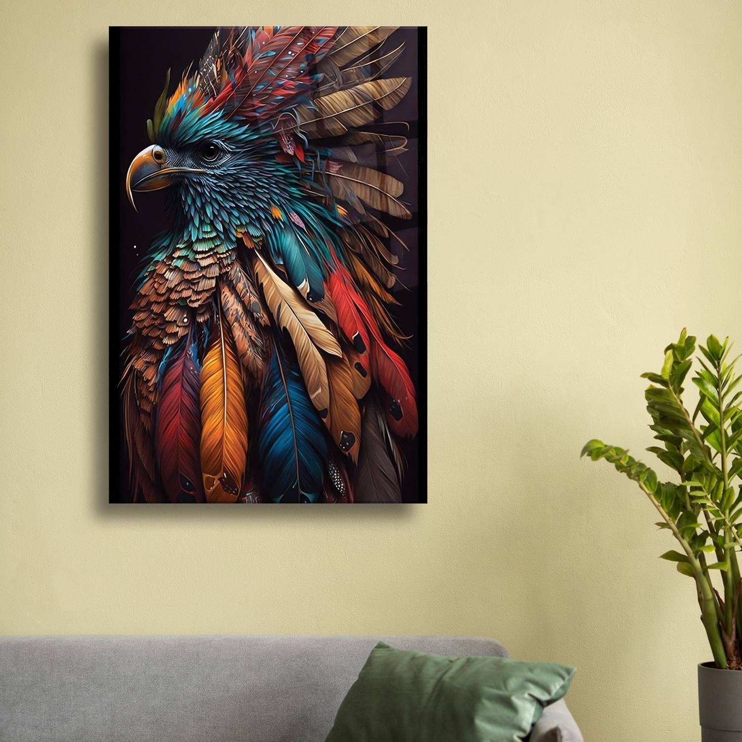 Renkli Tüylere Sahip Kuş Cam Tablo