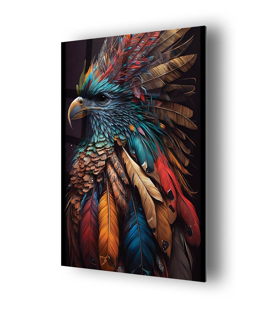 Renkli Tüylere Sahip Kuş Cam Tablo