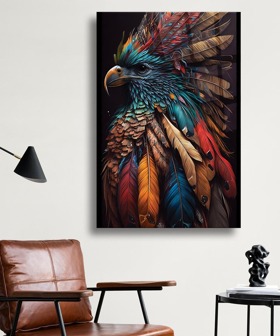 Renkli Tüylere Sahip Kuş Cam Tablo