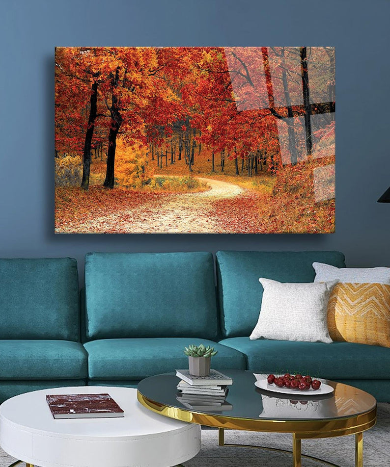 Sonbahar Ağaçları Temalı Cam Tablo