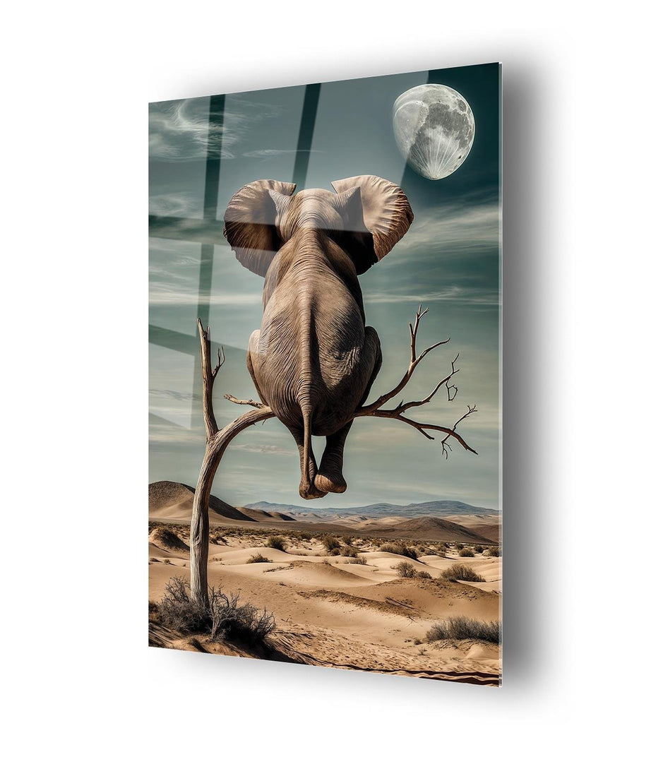 Sürrealist Ağaç Üzeri Fil Cam Tablo