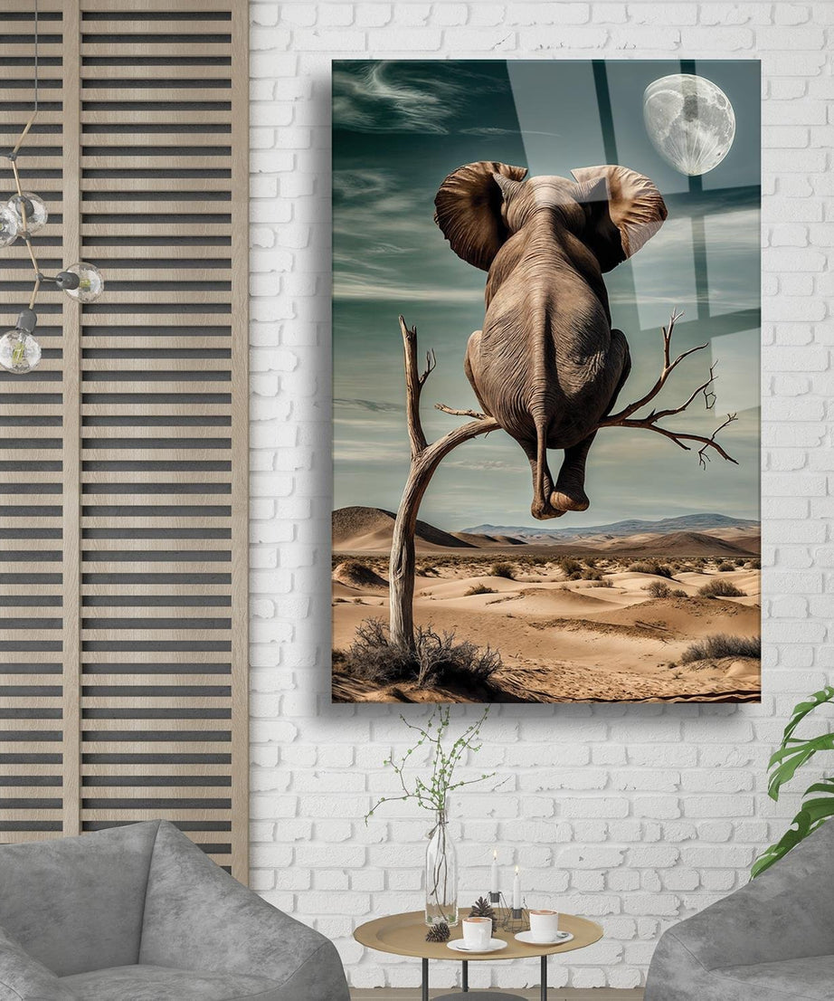 Sürrealist Ağaç Üzeri Fil Cam Tablo