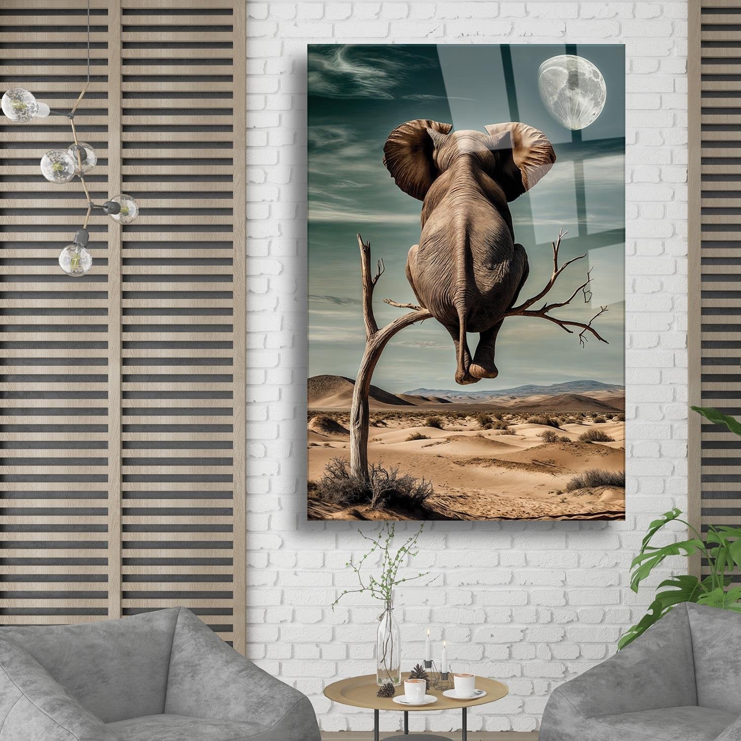 Sürrealist Ağaç Üzeri Fil Cam Tablo