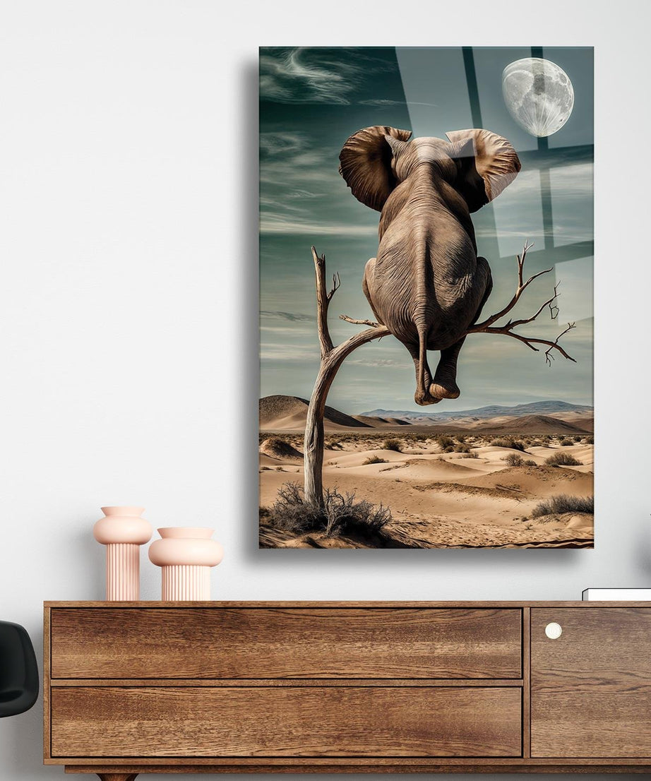 Sürrealist Ağaç Üzeri Fil Cam Tablo