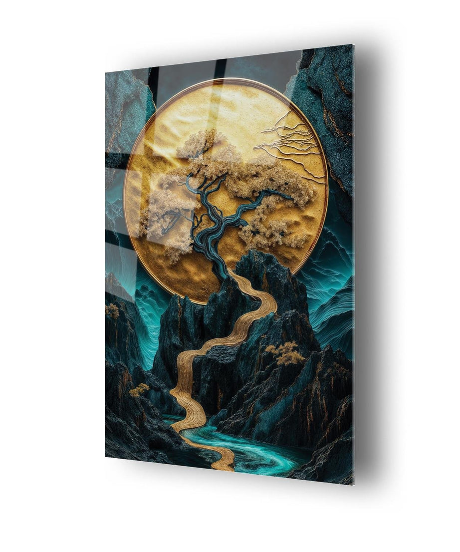 Sürrealist Ay Önü Kuru Ağaç Temalı Cam Tablo