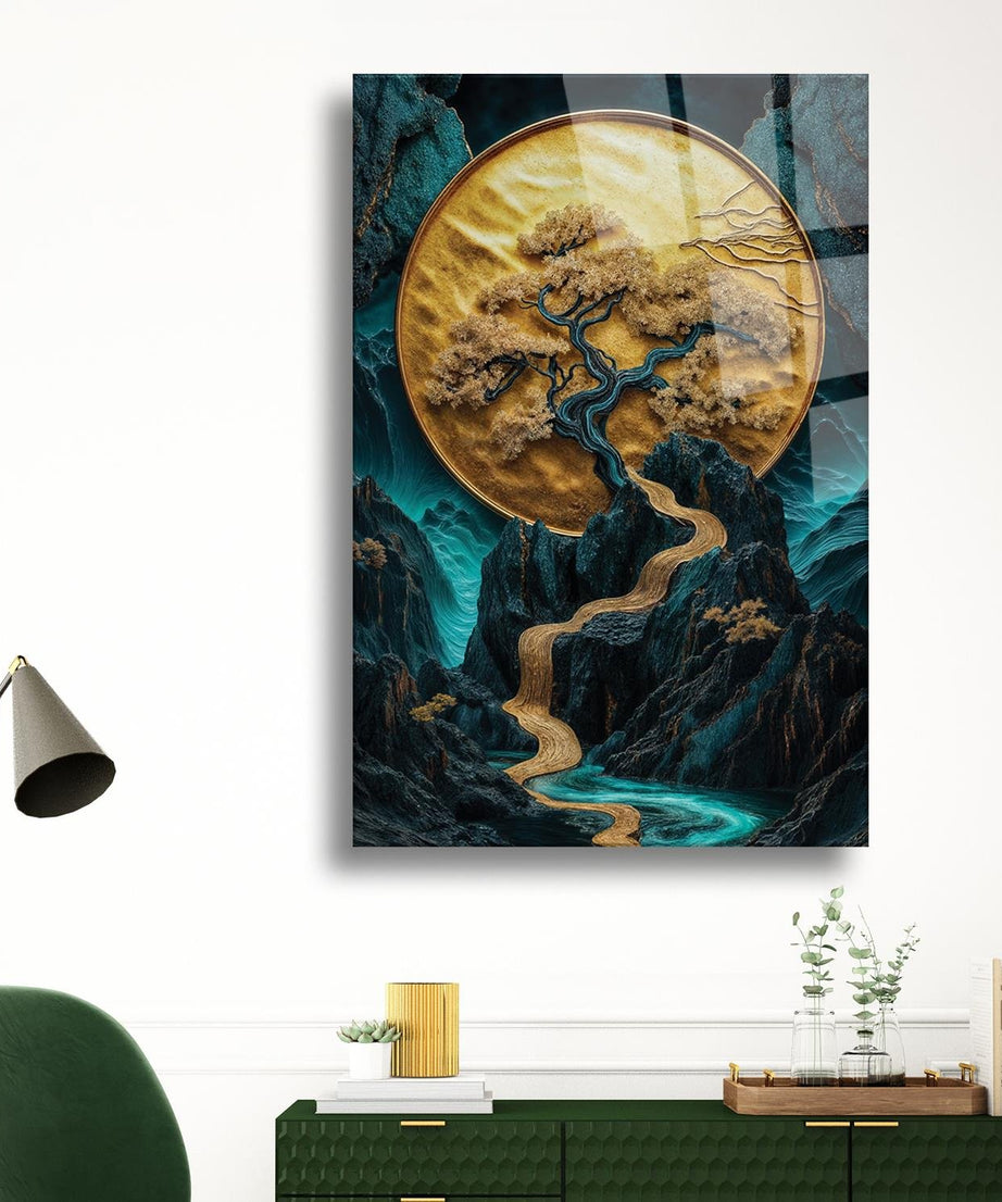 Sürrealist Ay Önü Kuru Ağaç Temalı Cam Tablo