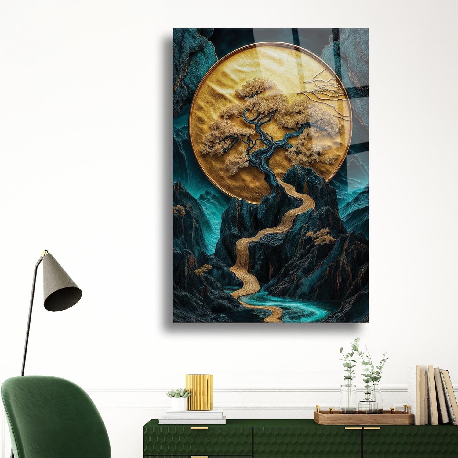 Sürrealist Ay Önü Kuru Ağaç Temalı Cam Tablo