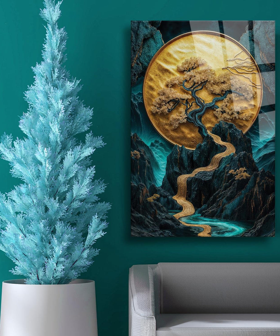 Sürrealist Ay Önü Kuru Ağaç Temalı Cam Tablo