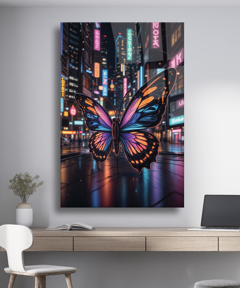 Sürrealist Neon Renkli Kelebek Serisi Cam Tablo