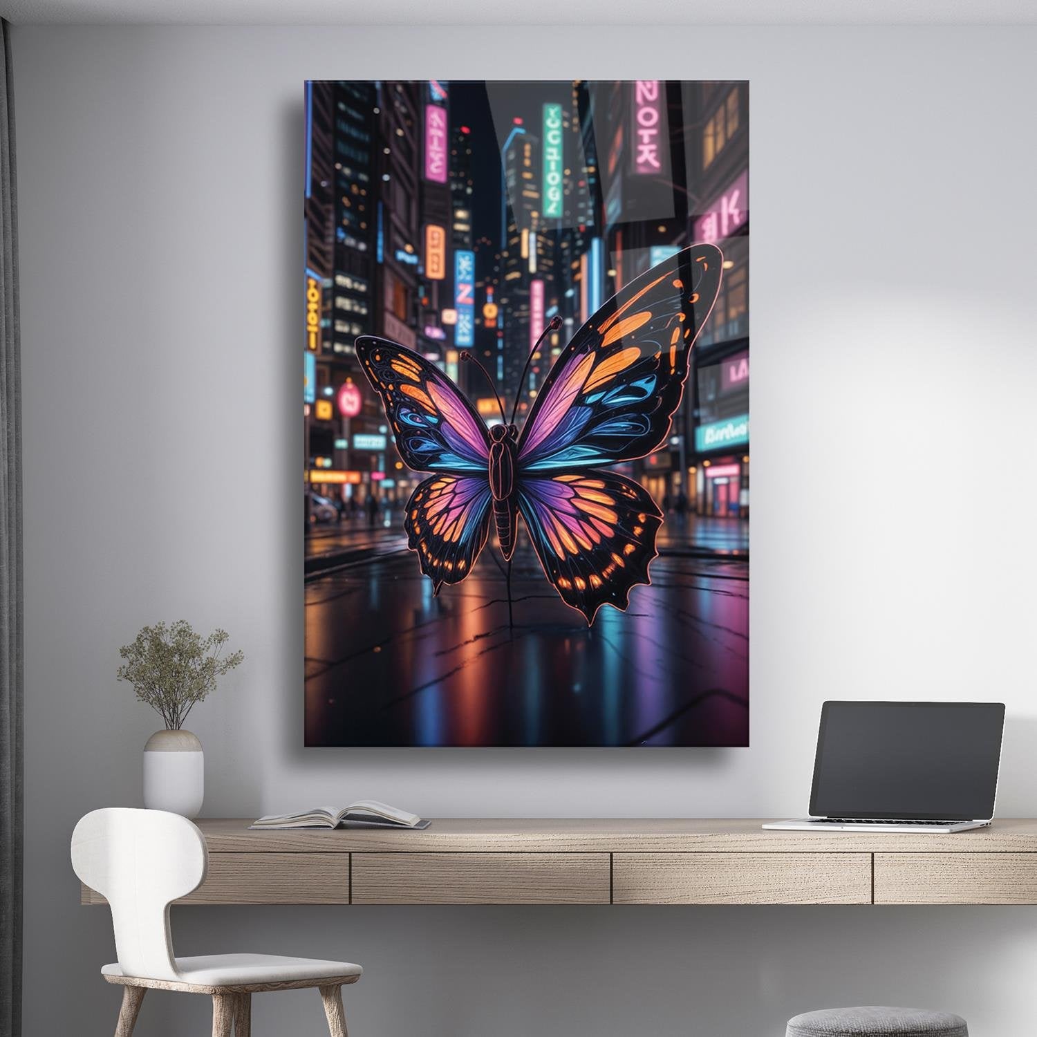 Sürrealist Neon Renkli Kelebek Serisi Cam Tablo