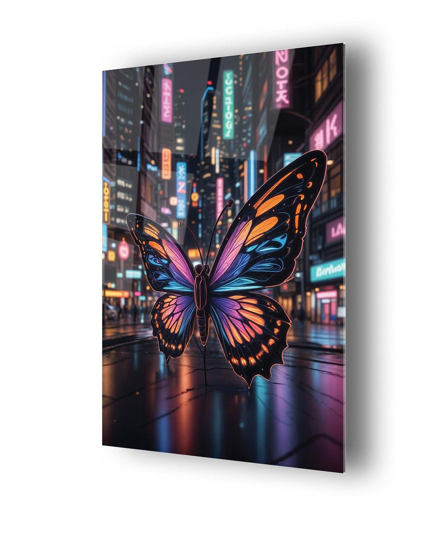 Sürrealist Neon Renkli Kelebek Serisi Cam Tablo