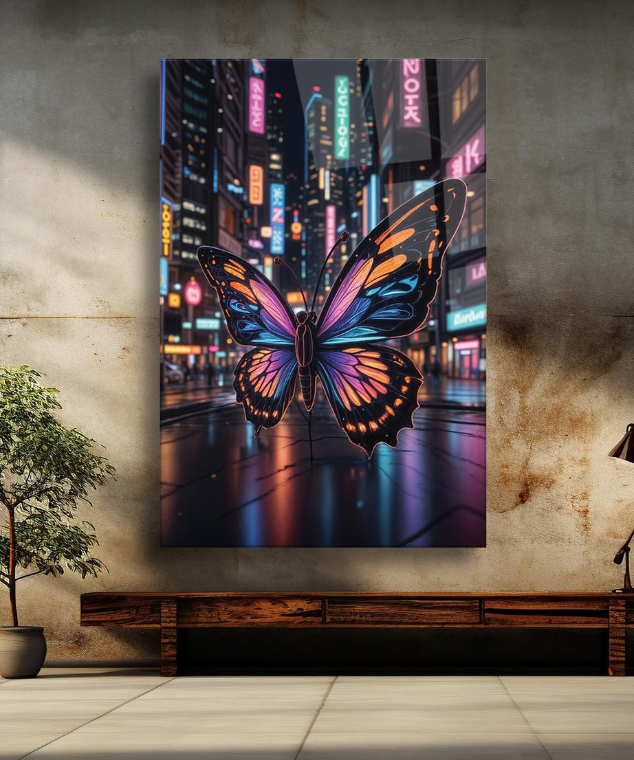 Sürrealist Neon Renkli Kelebek Serisi Cam Tablo