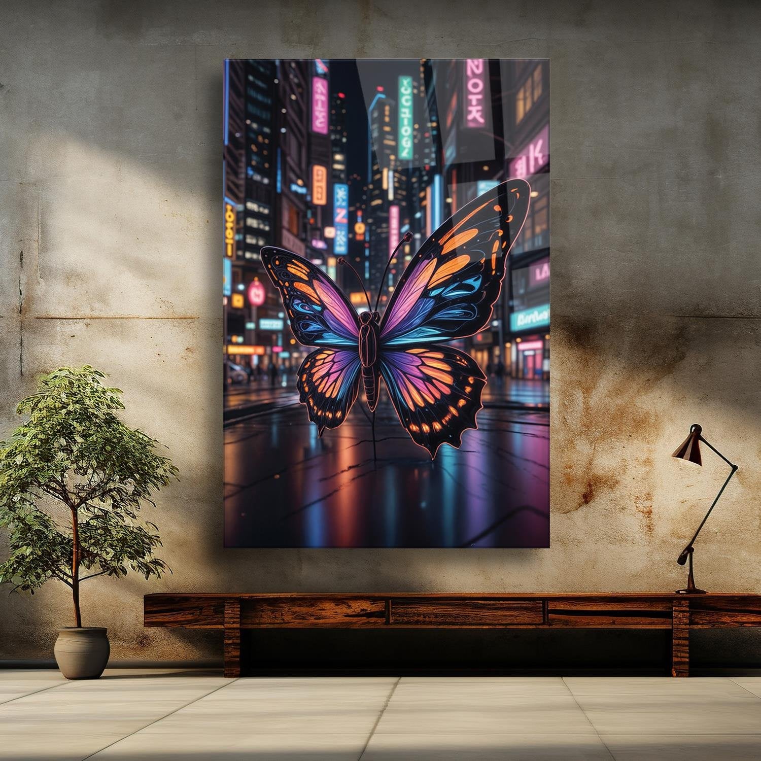 Sürrealist Neon Renkli Kelebek Serisi Cam Tablo