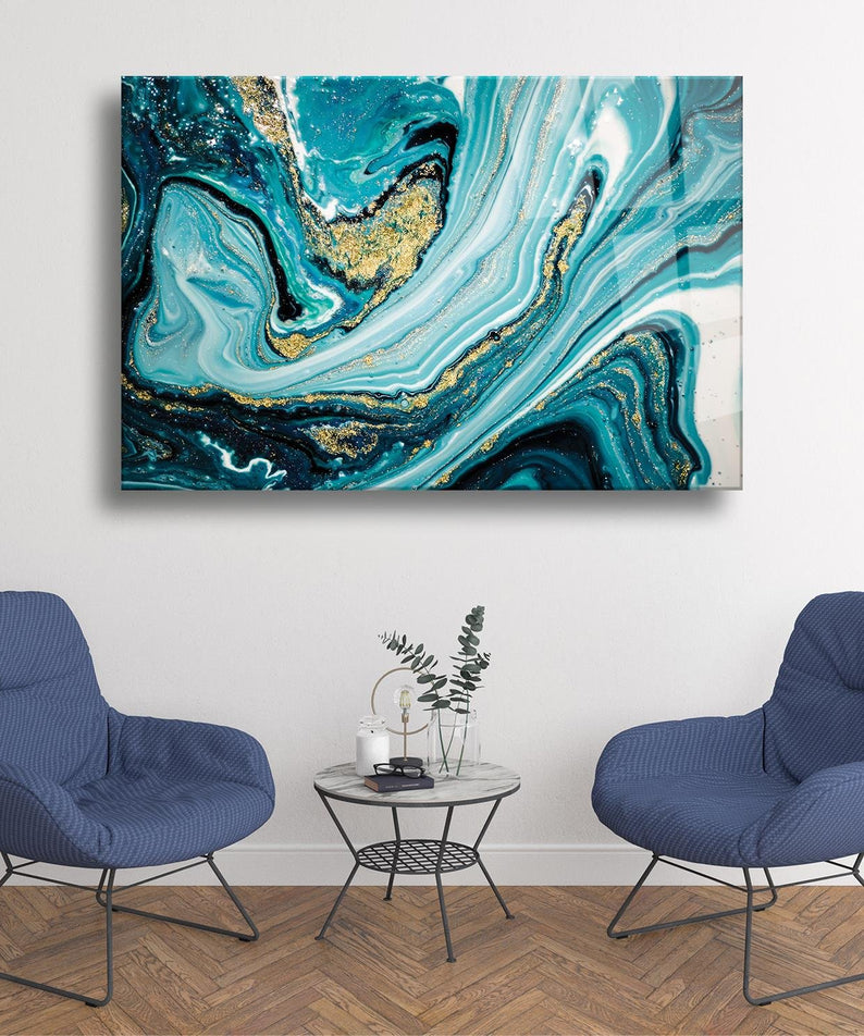 Turkuaz Gold Temalı Cam Tablo