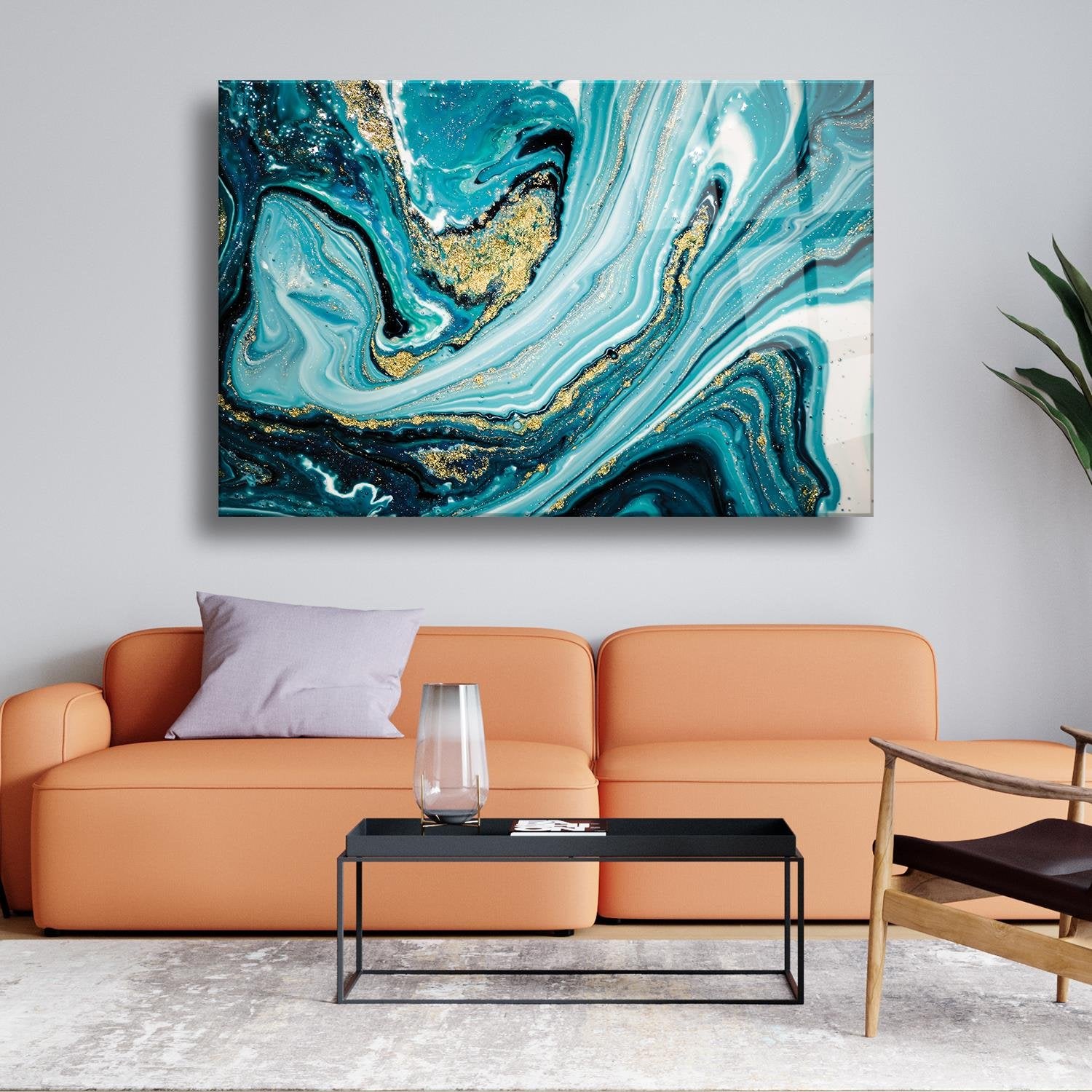 Turkuaz Gold Temalı Cam Tablo